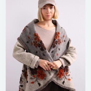 Gray and Orange Floral Shawl Cardigan